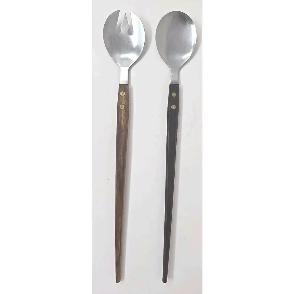 Vtg MCM Danish‎ Style Teak Wood Handle Salad Serving Utensils Arnart Japan U307